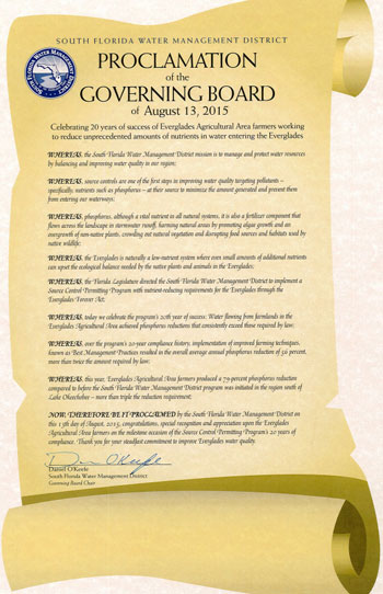 SFWMD proclamation: 20-year phosphorus reduction milestone